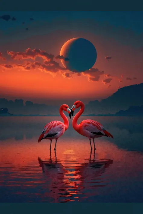 Create a surreal scene featuring two flamingos standing in shallow water at sunset, with a large, partially eclipsed moon in the background and dramatic clouds illuminated by the setting sun.