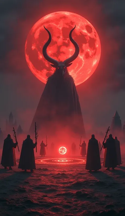  on the night of a red full moon , 8 mages stand around the huge magic circle, each casting a spell, The center of the magic circle shines, A demon with a large horn that has been summoned appears