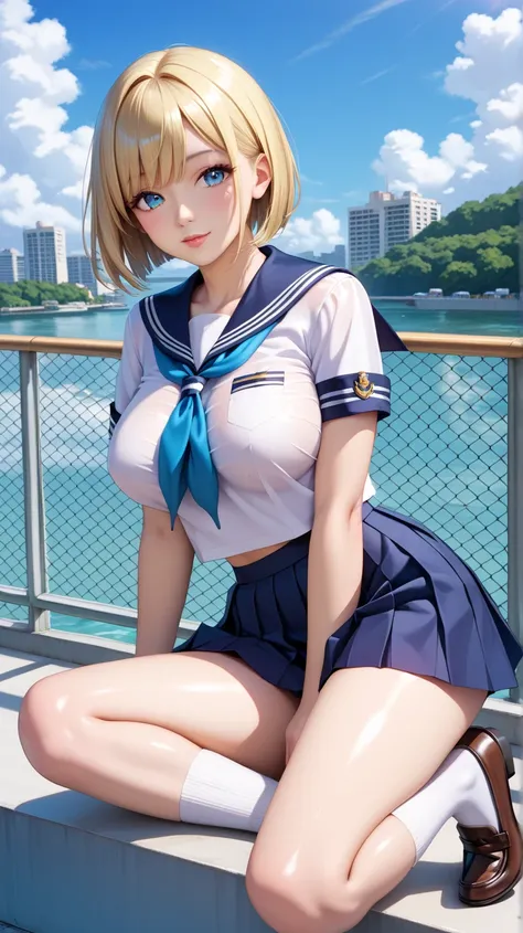 (((perfect anatomy, anatomically correct, super detailed skin))), 1 girl, japanese, high school girl, shiny skin, watching the viewer, 
beautiful hair, beautiful face, beautiful detailed eyes, (short hair:1.1, bob cut:1.2), dark blonde hair:1, blue eyes, b...