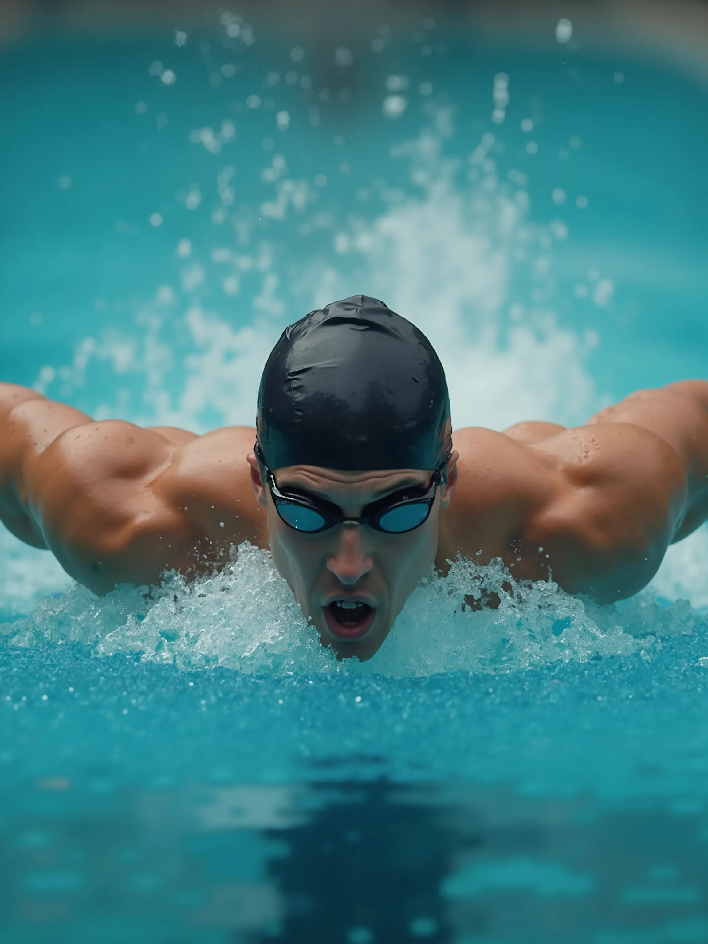 Swimmer from the front, Upper body and head stick out of the water,  muscular, swimmer wears swimming cap and goggles, He swims butterfly, Close-up,  Close Up , focused look, water on the bottom of the image, Drops of water, high quality, 8k, Photo