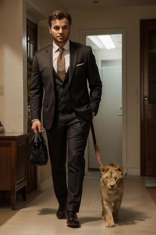 A man in a suit is walking with a giant lion