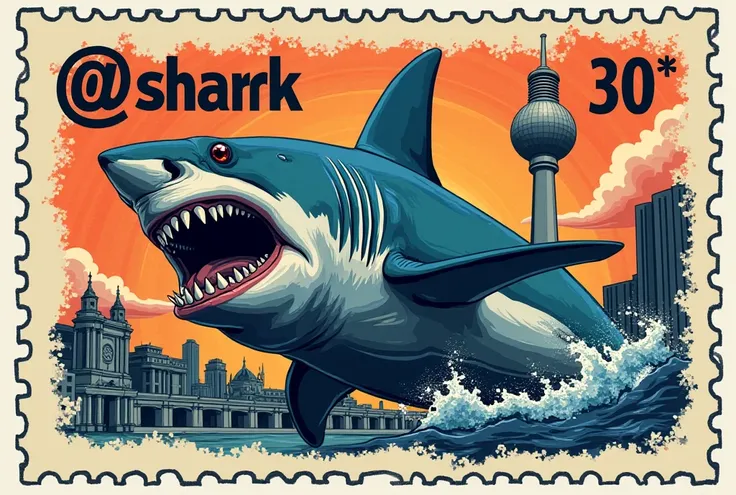  (SHARK) on a background like a postage stamp and also shows the Berlin TV Tower and the @SHARK30 is written And it is stamped with the symbol of Marswan