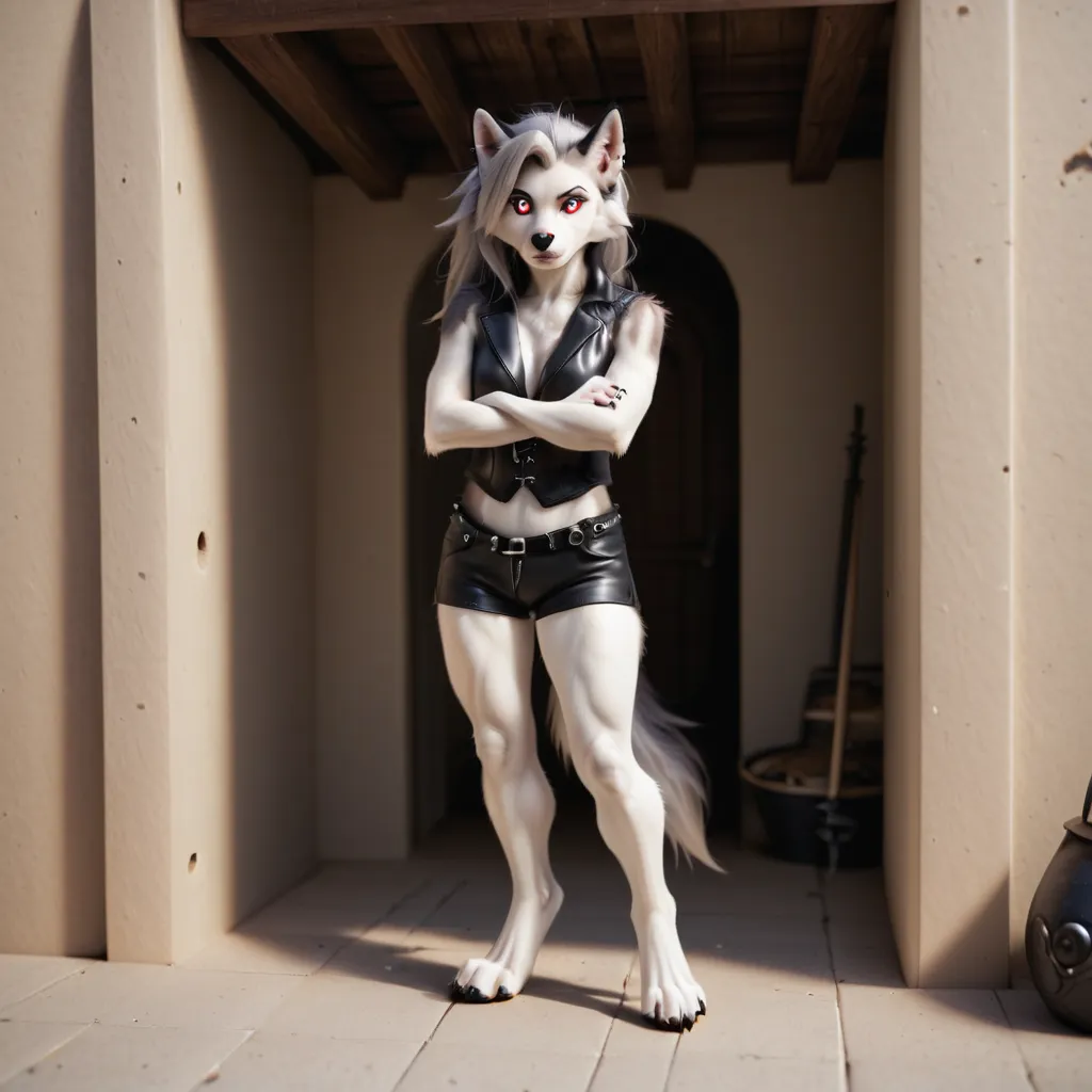 Furry art, breathtaking furry art, realistic furry, anthro white wolf, female wolf, black makeup, white eyes with red sclera, silver hairs, black ears, sensual, loona, claws, full body, slender, 75mm canon shot, ultra realistic, slim anthro,(white pupils),...