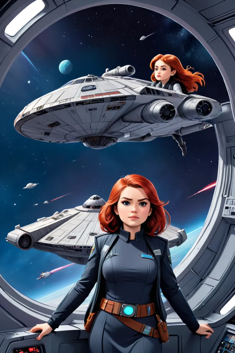 Chubby skinny girls with red hair, space pirates boarding a famous spaceship , the Millennium Falcon, in Hyperspace with hyper speed, in the midst of a Clone War.