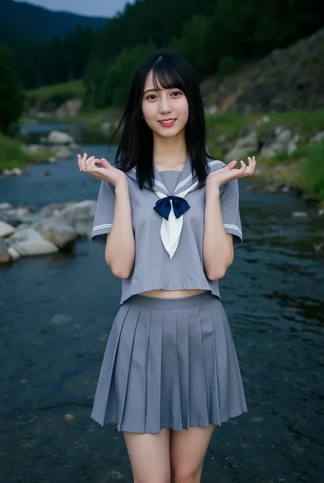 ((realistic lighting in a river deep in the mountains,  best quality of wells, 8k)), 、 long straight black hair、Ultra-thin face， double eyelids，Glasses、 freckles、 moles， is thin、 big breasts、 full nude、grey short sleeve uniform、grey skirt with pleats、 thin...