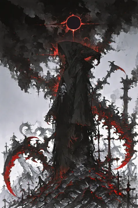 illustration, best quality, dramatic lighting,r17329_illu,usnr,Grim reaper, Giant sickle, death scythe, shape that reaps life,end of the world, symbol of destruction, destruction, dark fantasy,smoke, rotten tree, solar eclipse, bloodmagic