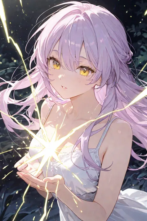 a woman has long light purple hair and yellow eyes, her nature is very kind and friendly