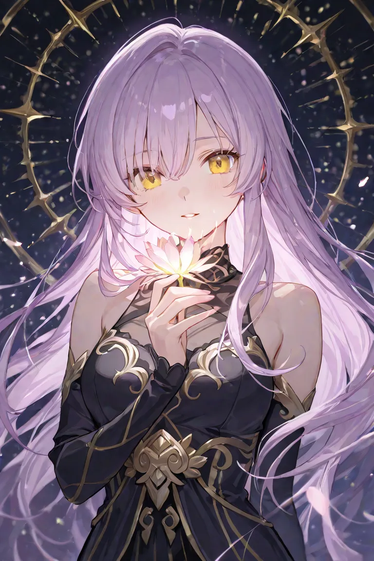 a woman has long light purple hair and yellow eyes, her nature is very kind and friendly