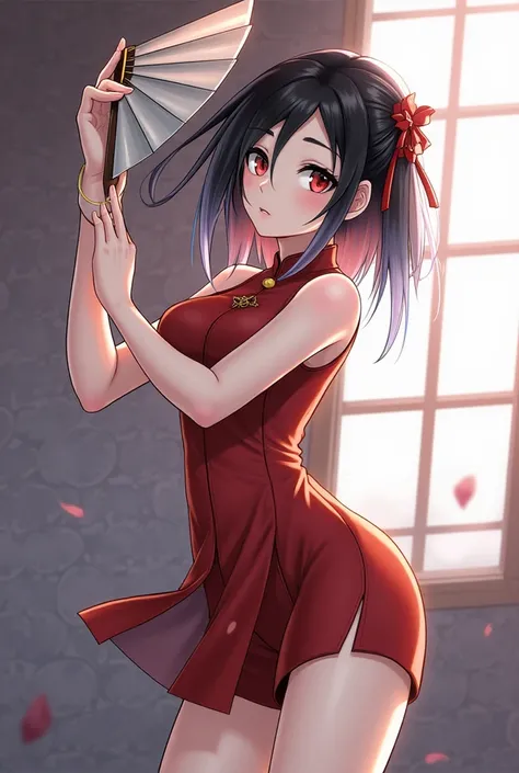 1girl, solo, gradient hair, dynamic pose, amazing composition, (type 95, black hair, Chinese very short dress, type_95_narcissus, girls' frontline:1.2), serene, seductive smile, looking at viewer, head tilt,holding fan, dramatic angle, incredible lighting