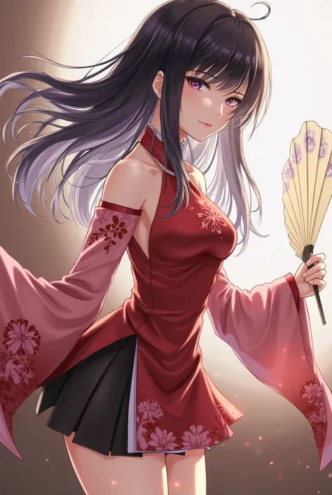 1girl, solo, gradient hair, dynamic pose, amazing composition, (type 95, black hair, Chinese very short dress, type_95_narcissus, girls' frontline:1.2), serene, seductive smile, looking at viewer, head tilt,holding fan, dramatic angle, incredible lighting