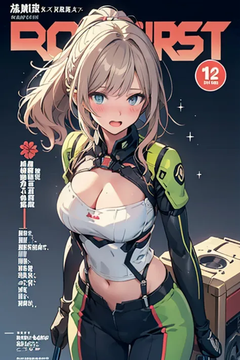 (from below:1.2, best quality ),1girl, solo, perfect, best quality, masterpiece, beautiful, pretty,female orbital drop shock trooper, green combat suit, futuristic body armor, large breasts, cleavage, cargo pants, long brown hair, ponytail, rose blue eyes,...