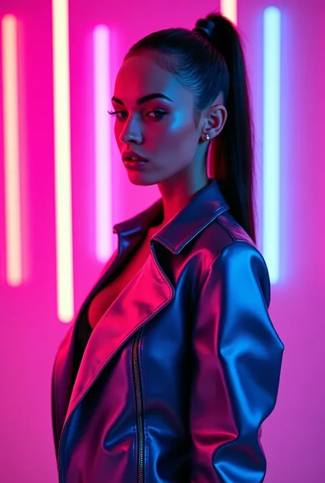 Create an ultra-realistic, high-fashion portrait of a confident and stylish woman set against a vibrant neon backdrop. She stands with poise, her expression calm yet commanding, exuding an aura of modern elegance. Her hair is sleek and styled with a high p...