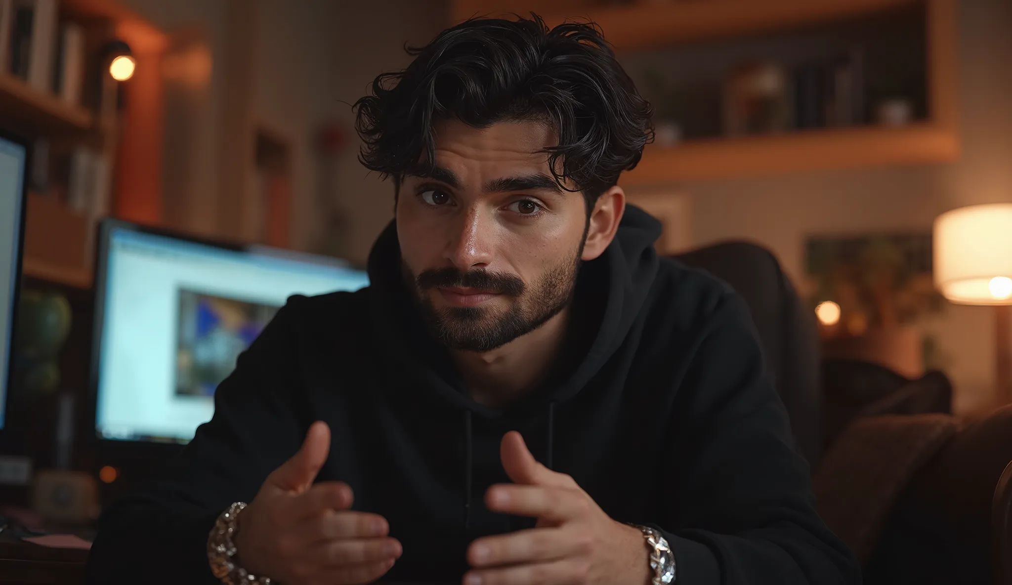 Hyper-realistic young man with wavy black hair, light beard, black hoodie, and silver bracelet, sitting in a cozy studio. Warm lighting highlights his face, with a PC, bookshelves, and LED lights in the background. His hands move naturally while speaking, ...