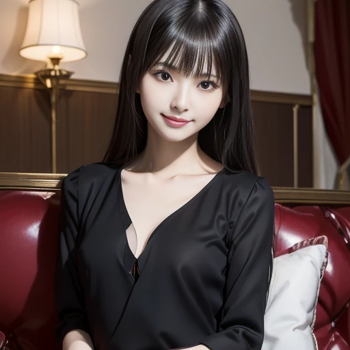 Luminous Valentine, sitting on a sofa, guesthouse, luxurious walls, from front, anime style, ((masterpiece)), ((best quality)), (ultra-detailed), ((beautiful eyes)), Japanese female, (slender:1.3), ((30 years old)), beautiful, (flat chest:1.5), (cheerful g...