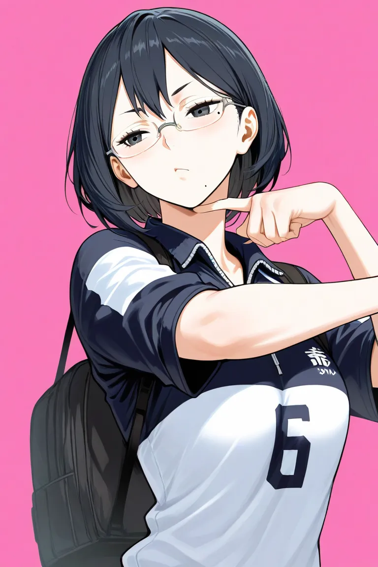 Kiyoko Shimizu from the anime Haikyuu pose sexy, wearing glasses, a mole on her chin, and black eyes while playing volleyball