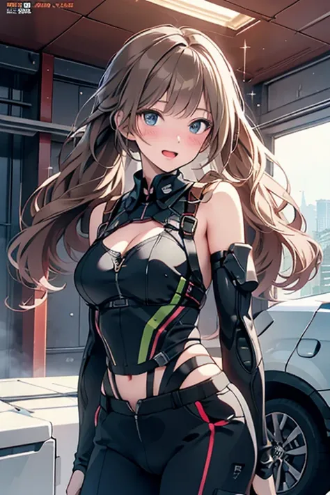 (from below:1.2, best quality ),1girl, solo, perfect, best quality, masterpiece, beautiful, pretty,female orbital drop shock trooper, green combat suit, futuristic body armor, large breasts, cleavage, cargo pants, long brown hair, ponytail, rose blue eyes,...