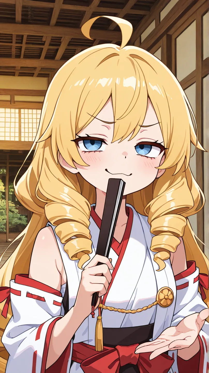 upper body, 
Solo, a girl, blonde, long hair, drill hair, ahoge, blue eyes, slant eyes, narrow eyes, a smug expression, 
BREAK, 
nontraditional miko, Black platform geta, 

holding a open folding fan, Golden Japanese scenery background with an illustration...