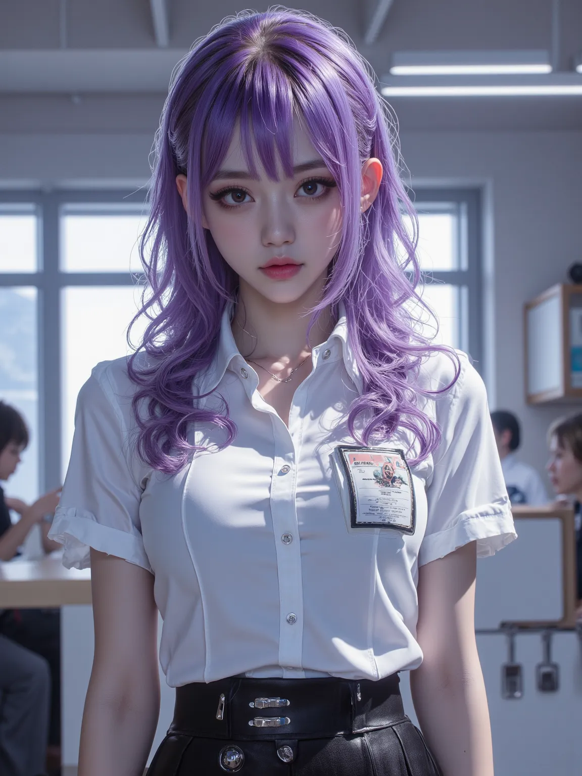 A superb masterpiece，showing a slim figure、in a medium short clip of a beautiful girl，with wet purple hair， detailed facial features，wearing a tailored white button-down shirt、and a sign with an ID card。