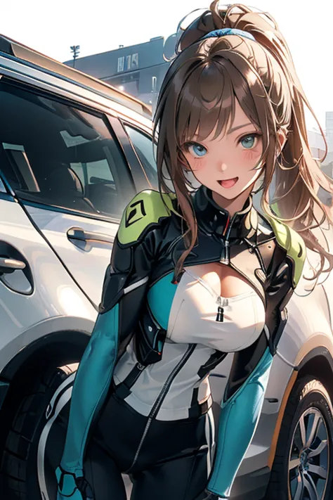 (from below:1.2, best quality ),1girl, solo, perfect, best quality, masterpiece, beautiful, pretty,female orbital drop shock trooper, green combat suit, futuristic body armor, large breasts, cleavage, cargo pants, long brown hair, ponytail, rose blue eyes,...