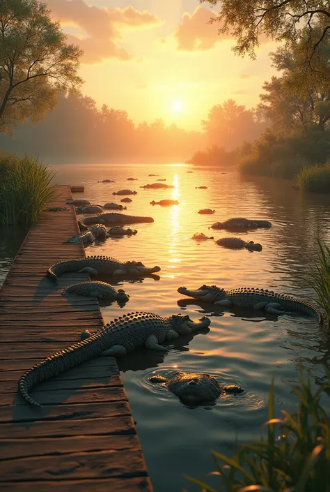 Make me a lake that’s has allot of gators popping their head out on a dock on a open lake with a sunset
