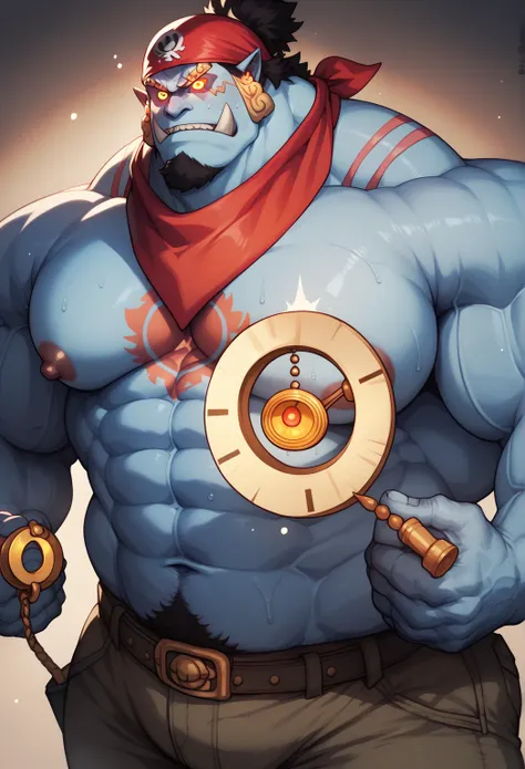 Jinbei, blue skin, staring at golden pendulum, bandana, muscle tee, cargo pants, muscular, muscles, big biceps, broad shoulders, massive pecs, sweaty, hairy chest, glowing golden spiral in the eyes, blank expression, vacant stare, hypnotized, brainwashed, ...