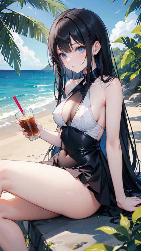 long black straight hair, swimsuit,  blue eyes， Holding a soda , Relaxation posture, sit, review, HEALTHY SKIN , Outdoor scenery, Blue sky, Bright natural lighting ,  and the sun shines in from the top left, Warm and soft atmosphere, Side Angle, Moderate d...