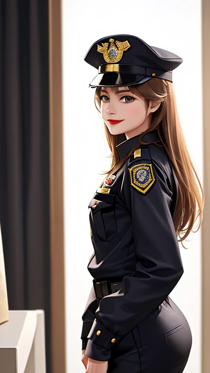 woman , long hair golden brown, normal, she is solo, from alternative world ,best quality, realistic, black police general suit and hat police, she is stand , smile, red lipstick , as general police she has incharge 