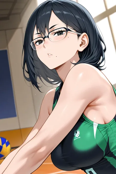 Kiyoko Shimizu from the anime Haikyuu pose sexy, wearing glasses, a mole on her chin, and black eyes while playing volleyball alone