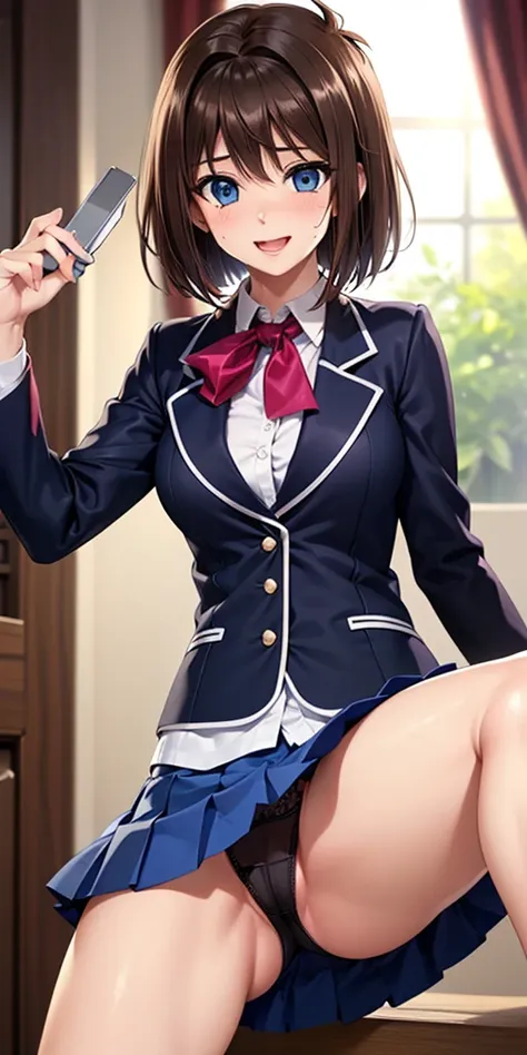    1 female,  High Definition,High resolution,      ultra-realistic      ,8K, aamazaki, ( capillary antenna  :1.2), blue eyes, blue,    pink jacket, blazer,  Long Sleeve Leather, blue skirt ,    Skinny skirt   ,    miniskirt,   pleated skirt   ,European,se...