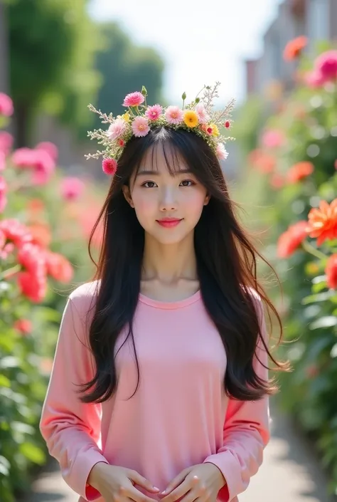 A white Korean girl with long hair and bangs is seen wearing a pink jersey and wearing a flower crown on her dress walking down a street filled with beautiful flowers,Realistic original photo