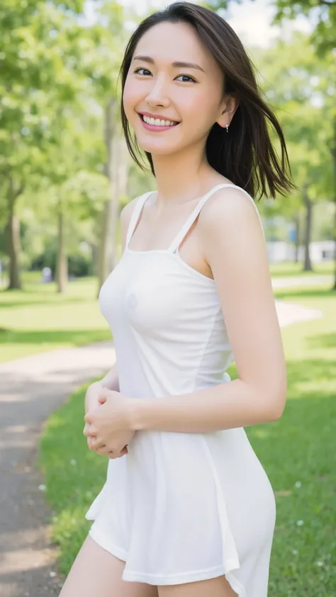 A woman wearing a strapless white mini dress that fits her body is standing in the park。Close-up portrait from the waist up。 Black Hair Straight Long。I'm looking at the camera with a smile on my face.。