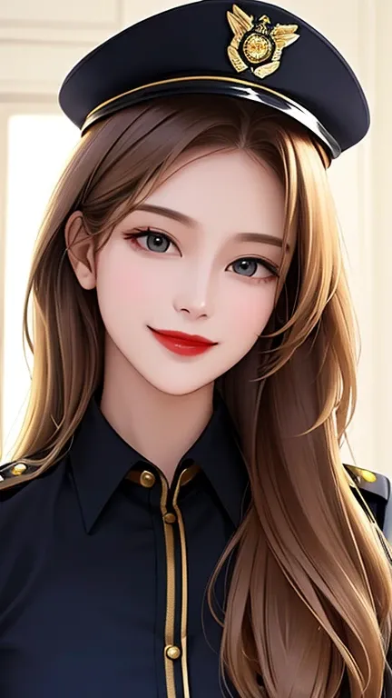 woman , long hair golden brown, normal, she is solo, from alternative world ,best quality, realistic, black police general suit and hat police, she is stand , smile, red lipstick , as general police she has incharge 