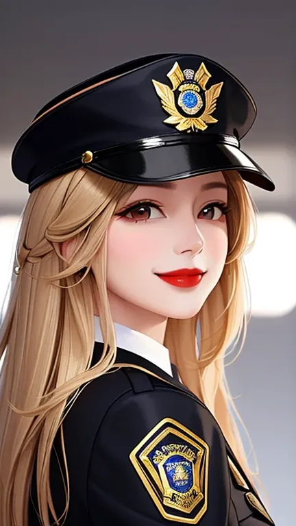 woman , long hair golden brown, normal, she is solo, from alternative world ,best quality, realistic, black police general suit and hat police, she is stand , smile, red lipstick , as general police she has incharge 