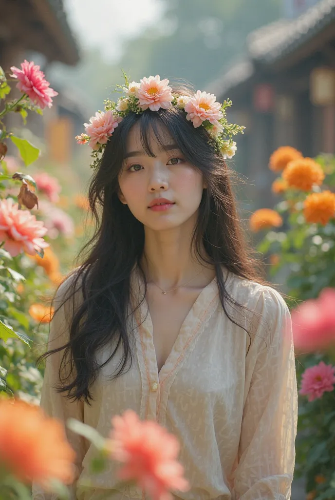 A white Korean girl with long hair and bangs and a flower crown on her head is seen walking along a street filled with various flowers,Realistic original photo