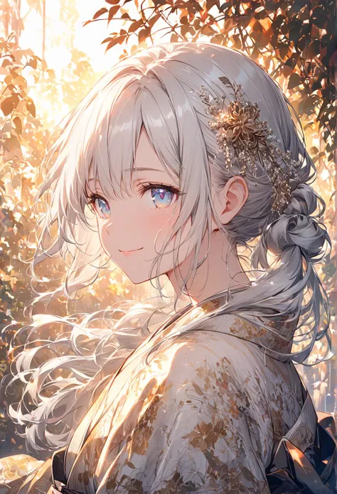 formula wallpaper、  warm shade 、 Silver Hair、 Delicate Eyes、smile、with hair tied up、Beautiful hair ornaments、 kimono based on white、 upper body portrait 、