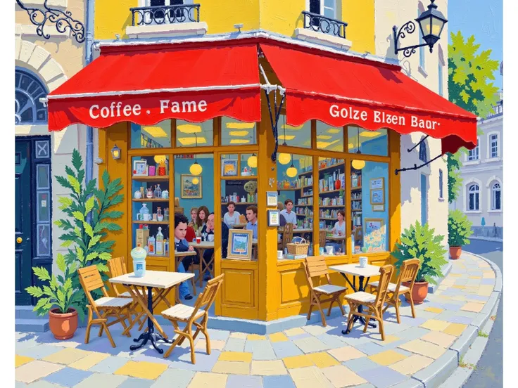 a painting of a Coffee Shop with a table and chairs outside, Bernard D'Andrea's gouache, CG Association Contest winning work, Simple Art, Coffee Shop, in a bright Coffee Shop, inside a french Coffee Shop, Watercolor detail , author：Rainer Hosch, cozy Coffe...