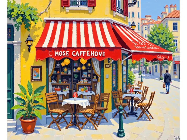 a painting of a Coffee Shop with a table and chairs outside, Bernard D'Andrea's gouache, CG Association Contest winning work, Simple Art, Coffee Shop, in a bright Coffee Shop, inside a french Coffee Shop, Watercolor detail , author：Rainer Hosch, cozy Coffe...