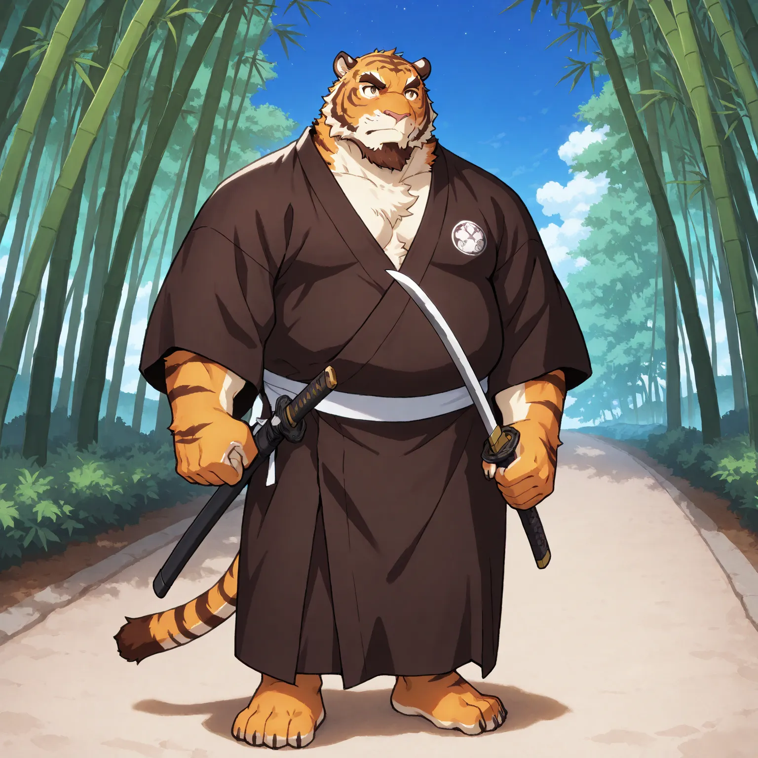 character focus, full body, looking away, dynamic angle, samurai, a musclegut middle-aged tiger man, samurai costume clothes, detailed Japanese katana, kimono, sword, hold with both hands sword, nake a blade, swinging a sword, BREAK full body in Michelange...