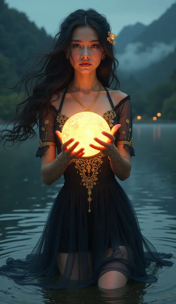 Solo, High Resolution, Long Hair, Black Hair, Jewelry, Hair Ornament, Sparkling, Reflected Light, A beautiful woman wearing a luxurious and elegant semi-transparent black dress with intricate golden embroidery patterns, her wavy black hair blowing in the w...