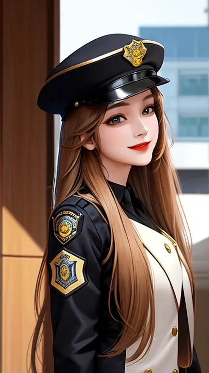 woman , long hair golden brown, normal, she is solo, from alternative world ,best quality, realistic, black police general suit and hat police, she is stand , smile, red lipstick , as general police she has incharge 