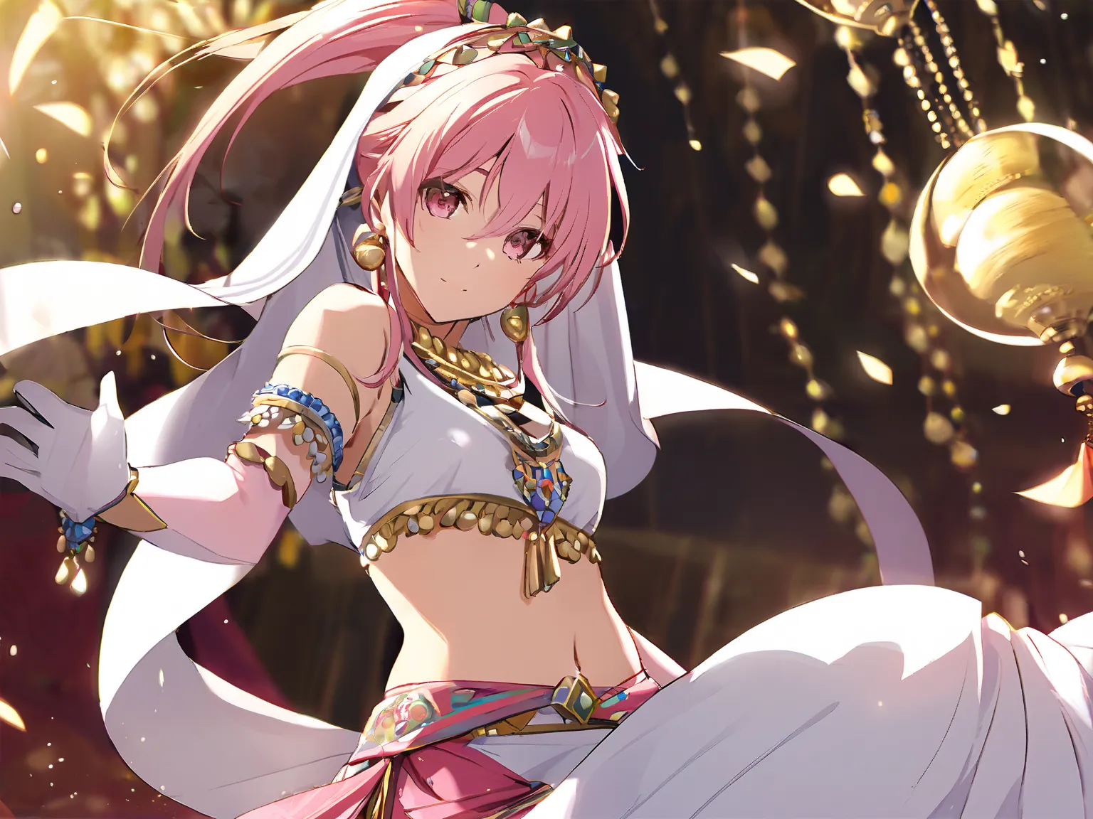 solo , 1girl , jewelry  , middle pregnancy period  , archebase, pink hair, high ponytail, pink eyes, long hair, earring, hair between eyes, shirt, ダボダボなパンツ , 川の畔 , dancer veil, circlet , wearing edgMes ,harem outfit , 踊る , pelvic curtain ,  ( 汗ばみ , crop to...