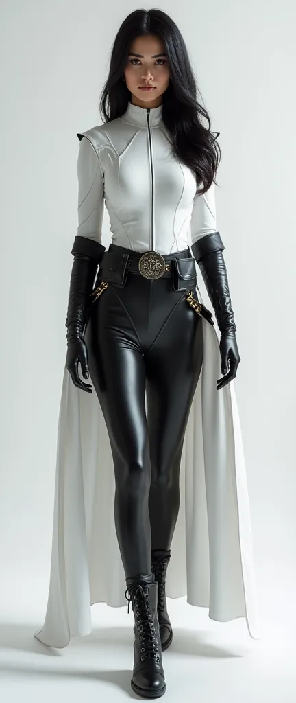 Create a slim realistic beautiful and gorgeous slender black hair hero wearing white and black phantom inspired textured fabric costume , with gloves and belt and boots,, front view,  create full body image with light gray background  
