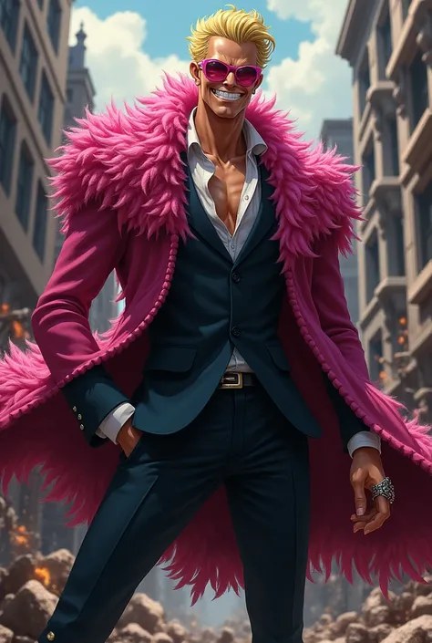 Do Doflamingo from OnePiece realistically. with an evil smile on her face, And I'm just playing a scene of destruction.

Does he have pink glasses?