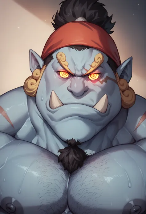 Jinbei as a pirate henchman, blue skin, staring at golden pendulum, bandana, muscular, muscles, big biceps, broad shoulders, massive pecs, sweaty, hairy chest, glowing golden spiral in the eyes, blank expression, vacant stare, hypnotized, brainwashed, focu...