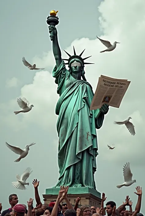 statue of liberty raising a microphone and holding a news/newspaper, she is blindfolded with some blood on her lower half, doves flying, breaking of chains, incorporate some guns and compass and she is standing on dead people. 