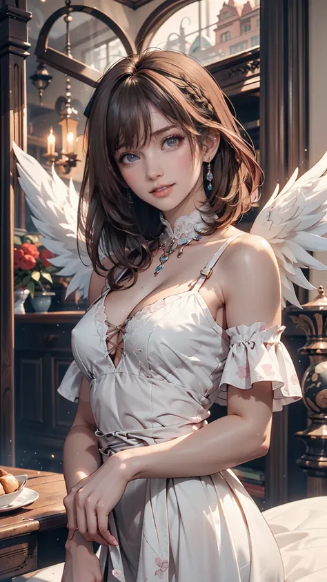 high resolution, TOP QUALITY,  masterpiece,  ultra high precision,  ultra high precision,   surreal , 3d, Anime,  's art , Alone, A very beautiful and cute woman in her 20s,   flaps her wings in a light white floral mini skirt length dress, Her hair is mov...