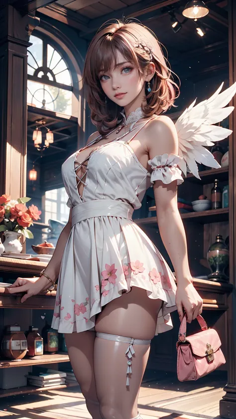 high resolution, TOP QUALITY,  masterpiece,  ultra high precision,  ultra high precision,   surreal , 3d, Anime,  's art , Alone, A very beautiful and cute woman in her 20s,   flaps her wings in a light white floral mini skirt length dress, Her hair is mov...