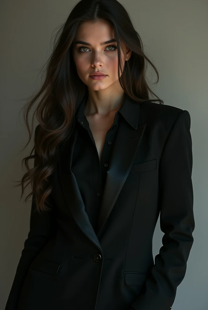 A young woman with long hair is standing wearing a tuxedo suit with a black shirt, closeup