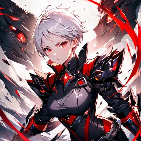 1 woman, white hair, red eyes, very short hair, cool