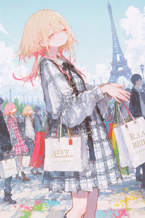 illustration, best quality, dramatic lighting,r17329_illu,usnr,Anime style,Colorful perspective,illustration,best quality,1girl,long blonde hair,pink hair tips,twin tails,plaid dress,smile,shopping bags in both hands,cheerful expression,wind-blown hair,Eif...